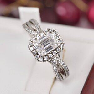 Certified 2ct Moissanite Emerald Cut Wedding Engagement Ring